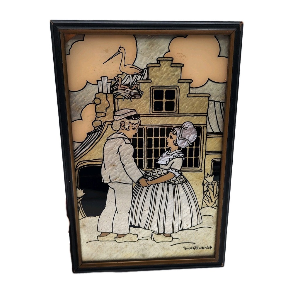 Vintage 1930s Double Dutch Reverse Painted Glass Foil Art Smith Frederick Framed